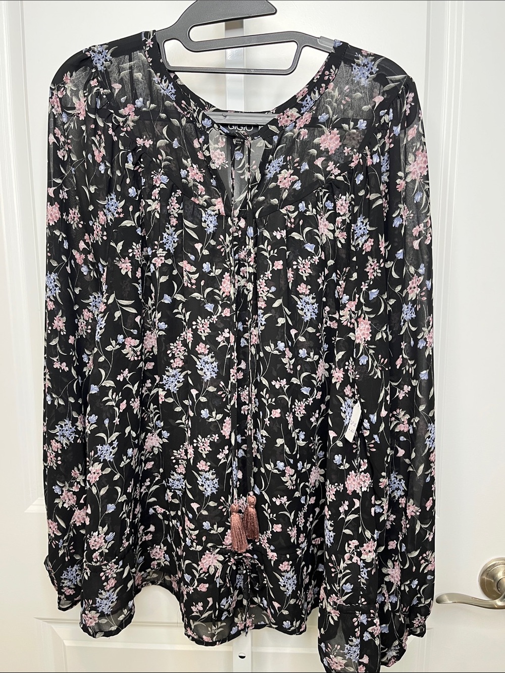 Floral Tie-Front Blouse in Black with Pink & Blue Flowers Drawstring Waist